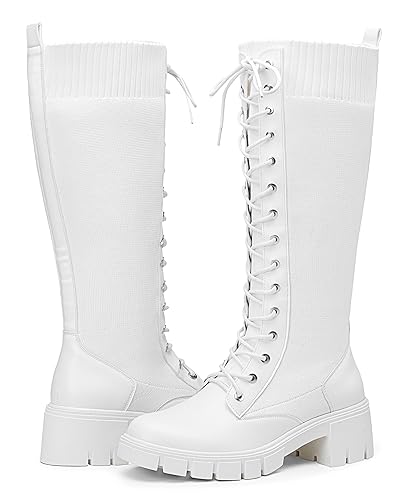 Vepose Women's 953 Lace Platform Combat Knee High Boots with Comfort Chunky Heel - 9.5 - Platform-953-white