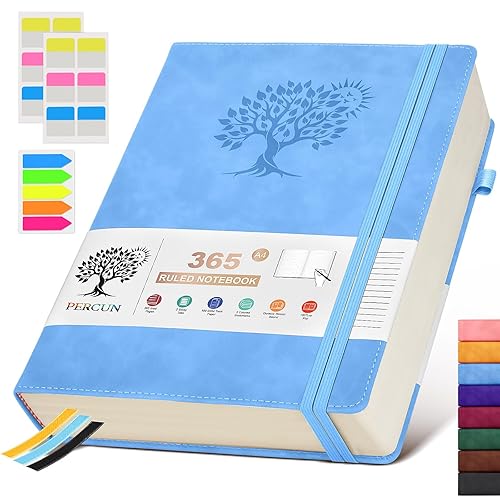 PERCUN A4 Lined Journal Notebook，365 Page Large Leather Journals for Writing Women Men，Hardcover Notebook with 100Gsm Thick Pages for Travel，Work，School，College Ruled, Daily Diary (8.5" x 11.4") - Blue - A4