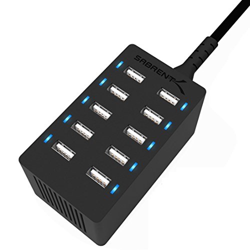 SABRENT 60 Watt (12 Amp) 10 Port [UL Certified] Family Sized Desktop USB Rapid Charger. Smart USB Ports with Auto Detect Technology [Black] (AX-TPCS) - 10-Port - Charger