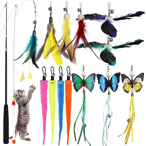 Geepen Cat Toys for Indoor Cats, 15 Pieces Interactive Cat Toy, Retractable Cat Wand Toy, Cat Feather Toys Refills, Butterfly Toys Cat Fishing Pole Toy for Bored Indoor Cats Chase and Exercise