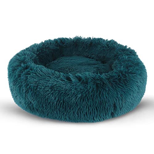 BVAGSS Small Dog Bed Cat Bed Calming Plush Pet Bed Soft Washable Anti Anxiety Round Donut Cuddler Fluffy Puppy Bed for Puppy & Kitten JA037 (24 inch, Cyan) - 60L x 60W x 15H cm - Cyan