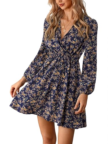 CUPSHE Women's Floral Mini Fall Dress Ditsy Surplice V Neck Long Peasant Sleeve Elastic Waist Casual Spring Dresses - Large - Multicoloured