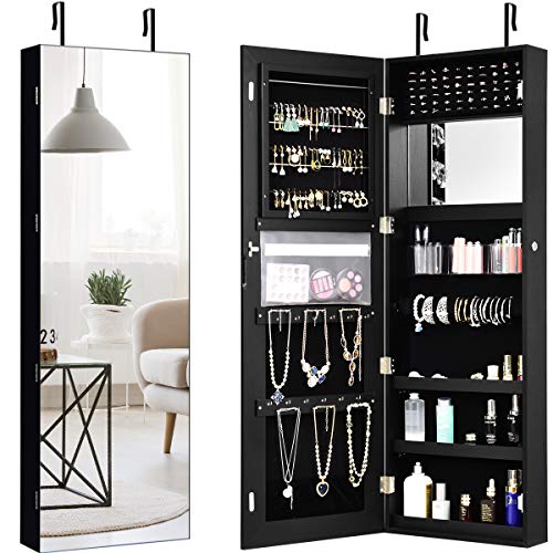 Giantex Jewelry Armoire Wall Door Mounted, Lockable Jewelry Cabinet with 47.2''H x 16''W Full Screen Mirror, Large Storage Jewelry Organizer Jewelry Box with Full Length Mirror (Black) - No LED - Black