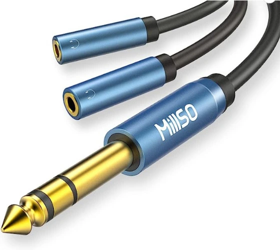 MillSO 6.35mm 1/4 Male to Dual 3.5mm 1/8 Female Headphone Adapter, TRS Stereo Sapphire Blue & Gold-Plated Audio Splitter for Amplifiers, Guitar Amp, Keyboard Piano, Home Theater, Mixer - 12 inch 