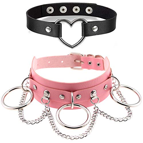 Bebetter Life Women Choker Necklace,Punk Gothic Hiphop Fashion Leather Choker Collar,Adjustable Heart Necklace - Pink