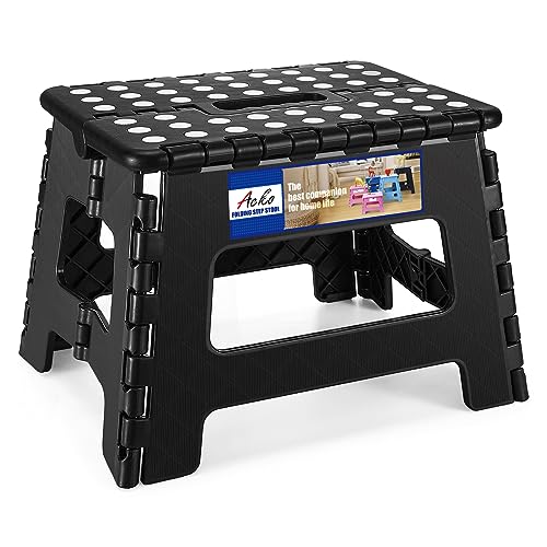 ACKO Folding Step Stool 9 Inch Step Stool 300 lb Capacity Plastic Foldable Step Stools for Kids and Adults, Folding Stool Suitable for Kitchen, Stepping Stool with Handle Black Small Step Stool 1PC - Black - 9 Inch