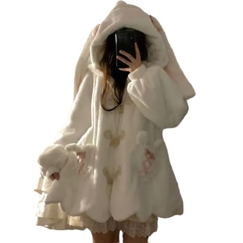 Women Cute Bunny Ear Long Sleeve Fuzzy Fluffy Rabbit Tops Sweatshirt Hoodie Jacket Coats - Large - White2