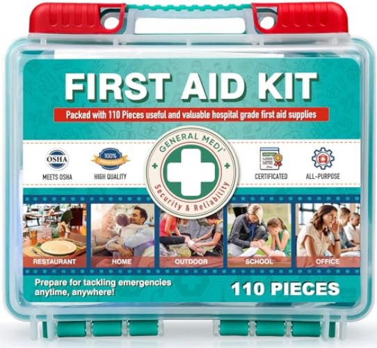 General Medi 110 Pieces Small First Aid Kit - HardCase First Aid Box - Contains Premium Medical Supplies for Travel, Home, Office, Vehicle, Camping, Workplace & Outdoor - 110 Pieces