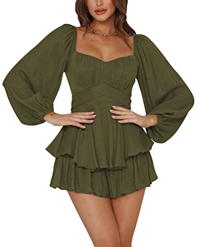 LYANER Women's Jumpsuit Lantern Long Sleeve Ruffle Layer Tie Mini Short Romper - Large - Army Green