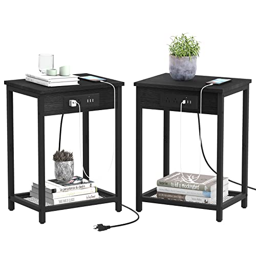 CADUKE Black Night Stand Set of 2 Bedside Table with Charging Station Small End Table with USB Ports and Power Outlets for Bedroom Living Room - Black 1 - 2
