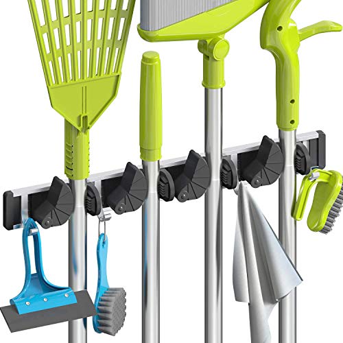 Holikme Mop Broom Holder Wall Mount Metal Pantry Organization and Storage Garden Kitchen Tool Organizer Wall Hanger for Home Goods (4 Positions with 4 Hooks, Black) - Black