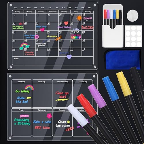 Magnetic Calendar for Refrigerator, 2 Pack Fridge Calendar - Acrylic Calendar for Fridge, Monthly & Weekly Planner, Refrigerator Calendar Apartment Essentials Includes 6 Colorful Highlight Markers (SET 1) - SET 1