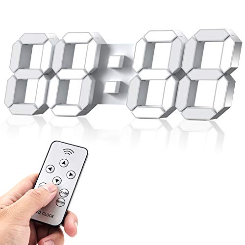 KWYDYP 3D LED Wall Clock with Remote Control 12/24 Hr Time/Date Display Nightlight Alarm Clock,Digital Clock Brightness to Adjust,Temperature, for Office/Home/Living Room/School (Cool White, 15 inch) - White