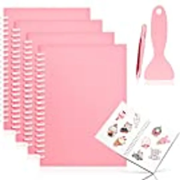 4 Pieces Sticker Collecting Book Album Reusable Sticker Book with a Plastic Spatula and Tweezer 120 Sheets Quality PP Material Thick Brushed A5 Size 8.4" x 6" (Pink)