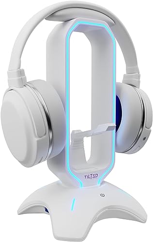 Tilted Nation RGB Headset Stand - 3 in 1 Gaming Headphone Stand for Desk with Mouse Bungee and 2 Port USB 3.0 Hub Charger - The Ultimate Gaming Accessory and Gift for Gamer - RGB Headset Holder - White