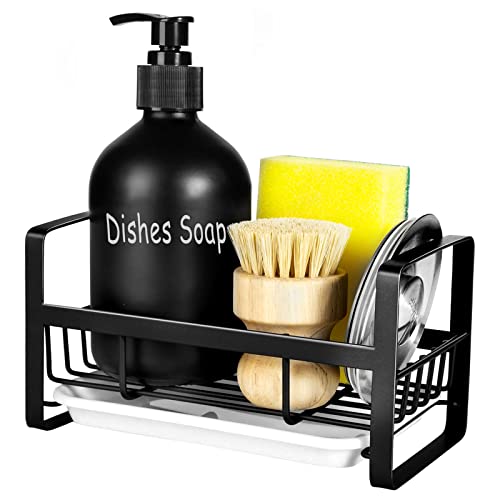 TEZZ Sponge Holder for Kitchen Sink- Stainless Steel Kitchen Sink Caddy for Organizing Sponge, Brush & Soap Dish Dispenser, Kitchen Sink Organizer Rack with Adhesive or Counter top, Black - Black