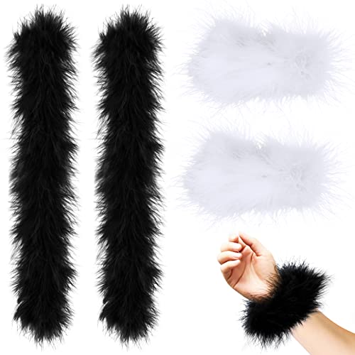 2 Pairs Feather Slap Bracelet Cuffs for Women Furry Slap on Wrist Bangle Fluffy Wristbands for Party Decoration (Black, White)