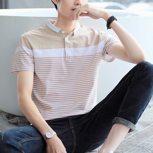 Mens Striped Short Sleeve Polo Shirt - Beige / M