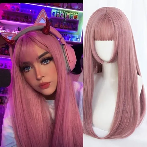 XG Synthetic Long Straight Hair Pink Gold Black High Temperature Silk Wig With Bangs Lolita Party Cosplay Everyday Wear| |   - AliExpress
