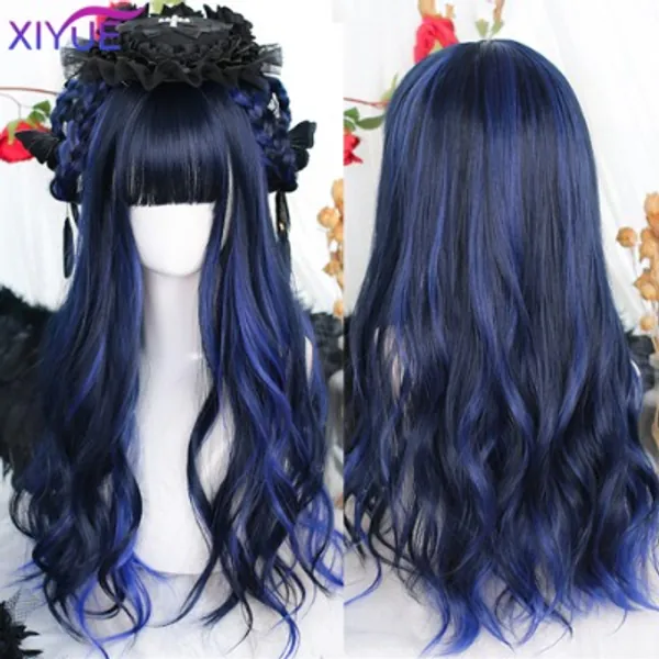 XIYUE Ombre Blue Champagne Blonde Highlight Long Loose Wave Synthetic Hair Wigs with Bang Heat Resistant Fake Hair for Women|Synthetic None-Lace  Wigs