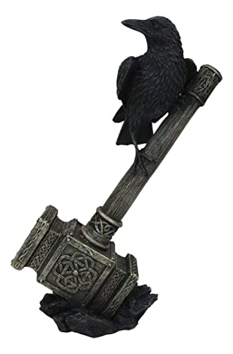 Ebros Gift Huginn Muninn Odin Raven Perching On Thor Hammer Mjolnir with Runes Symbol and Triple Horn Skaldenmet Decorative Figurine Norse God of Thunder Collectible Sculpture