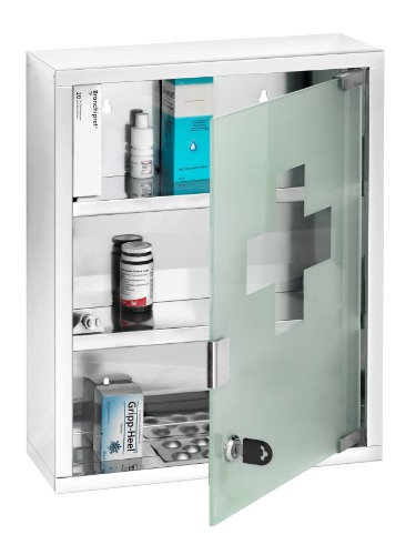 WENKO Medicine Cabinet with Lock, Wall mounted Bathroom Storage, Hanging Medical Cabinet, First Aid Wall Cabinet with Safety Glass Door, Modern, Medium, 11.8 x 15.7 x 4.7 in, Silver Shiny