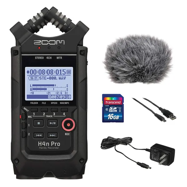 Zoom H4n Pro All Black 4-Track Portable Recorder (2020 Model) with Zoom AD-14 AC Adapter, Windbuster, 16GB Memory Card & USB Cable Bundle - 