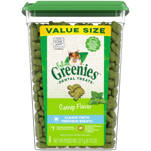 FELINE GREENIES Adult Dental Cat Treats, Catnip Flavor, 9.75 oz. Tub - 9.75 Ounce (Pack of 1)