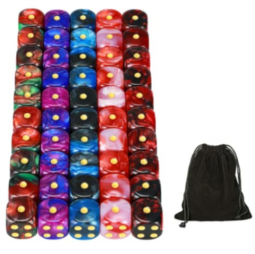 YOUSHARES 50 Pack D6 Game Dice Set with Pouch – 16mm Two Color 6 Sided Dice, Perfect Table Games Dice for Tenzi, Yahtzee, DND MTG RPG War Games