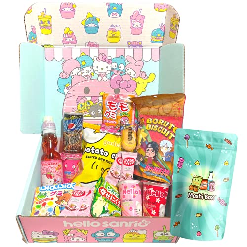 Sanrio x Mashi Box Mystery Asian Snack Box - 55 Total Pieces with at least 1 Drink and 6 Full-Sized Items, 40 Candies, and 8 Snacks