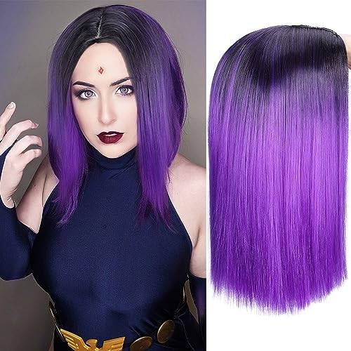 Fancy Hair Ombre Wig Purple Short Straight Wigs Middle Part Shoulder Length Purple Dark Roots Natural Synthetic Wigs for Women Daily Party Cosplay Raven(Ombre Purple) - Ombre Purple