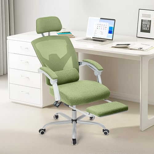 Sweetcrispy Green Gaming Office Chair | Mesh | High-Back, Lumbar Support, Comfy Arms | Rolling, Swivel - Green - With Footrest