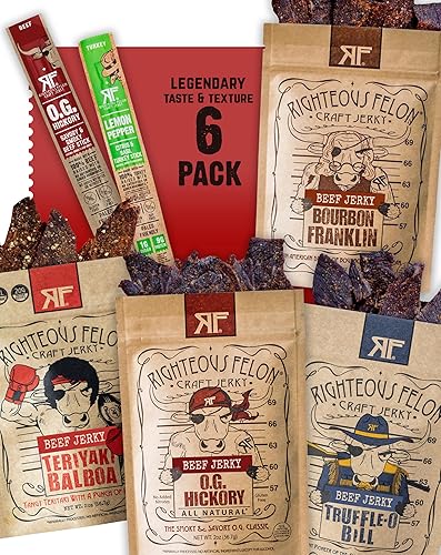 Righteous Felon Savory Beef Jerky Variety Gift Pack - Great Gifts for Men | Gluten Free, High Protein Healthy Snack | Bulk Beef, Pork, & Turkey Jerky Variety Snack Packs | The Savory 6 Pack Sampler - Savory 6 Pack