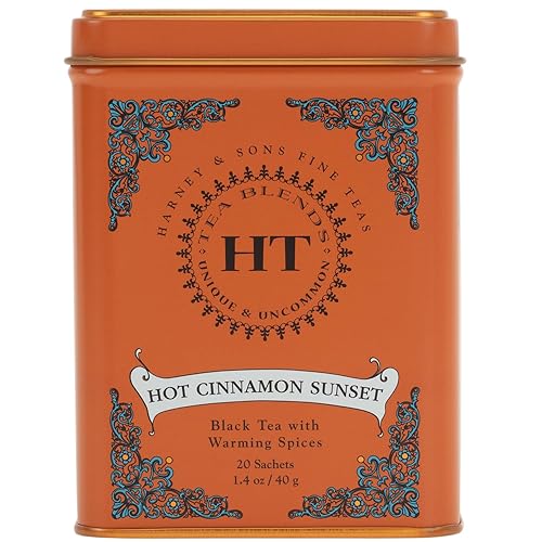 Harney & Sons Caffeinated Hot Cinnamon Sunset Black Tea with Orange and Cloves Tin 20 Sachets (Pack of 1) - Hot Cinnamon Sunset - 20 Count (Pack of 1)