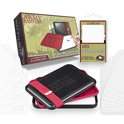 The Army Painter Wet Palette for Acrylic Painting & Hydro Pack Paper Palette Bundle -Premium Wet Palette for Miniatures with 100 Palette Paper Sheets & 4 Wet Palette Sponges -Painting Palette with Lid - Black