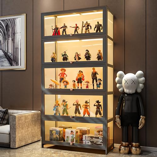 XYFZRL 5 Tier Curio Display Cabinet, Storage Shelves with Acrylic Glass Door, Collectibles Toy Organizers Rack & Display Shelf, Kids Bookcase for Bedroom, Reading Nook, Toddler's Room, Bamboo, Grey - Grey Flip Door