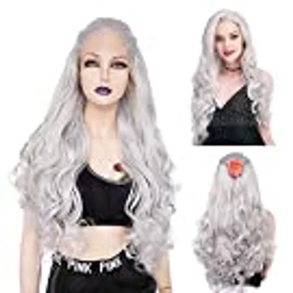 Ebingoo 26 Inch Silver White Gray Lace Front Wig Natural Long Body Wavy Middle Part Synthetic Hair Wigs for Women