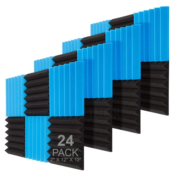 JBER 24 Pack Blue and Charcoal Acoustic Panels Studio Foam Wedges Fireproof Soundproof Padding Black Wall Panels 2" X 12" X 12" - 24 Pack Wedge 2" Black & Blue