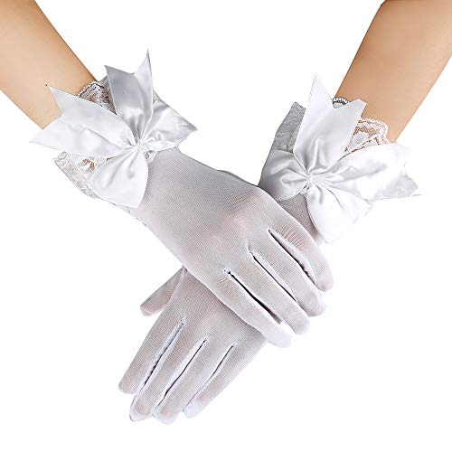 JISEN Women Lace Gloves Party Bow Elegant with Wrist Ruffle Bridal Wedding Mittens - A-White