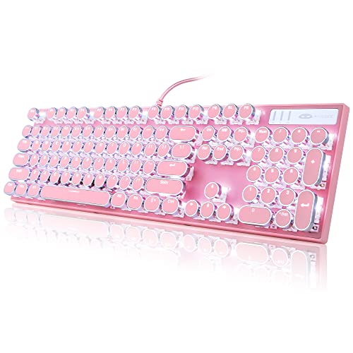 Typewriter Style Mechanical Gaming Keyboard, Pink Retro Punk Gaming Keyboard with White Backlit, 104 Keys Blue Switch Wired Cute Keyboard, Round Keycaps for Windows/Mac/PC