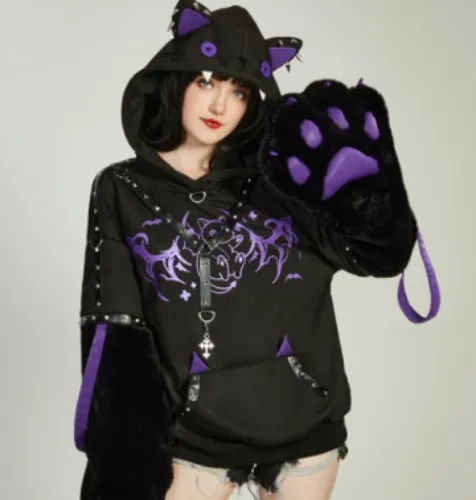 Micotaku Gothic Rivet Design Paw Hoodie Vintage Outfits Daily Wear