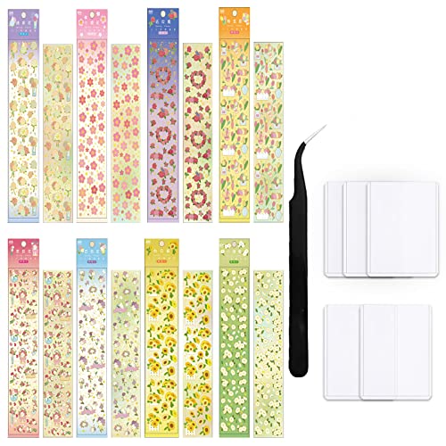 16 Sheets Colorful Flowers Stickers Self-Adhesive Decorative Korean Stickers for DIY Scrapbook Crafts and Photocard Sleeves,5 PCS Card Sleeves for Photos or Cards