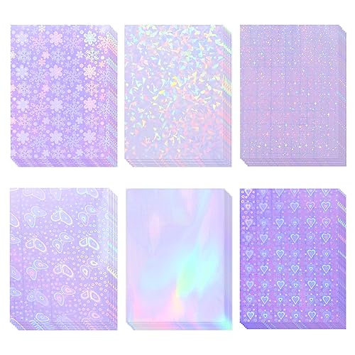 36 Sheets Holographic Sticker Paper, Clear Vinyl Sticker Laminate Film Self-Adhesive, Transparent Overlay Lamination Sticker Paper Waterproof, 6 Patterns-8.5x11 Inch - Gem, Snow, Rainbow, Heart,Star, Butterfly