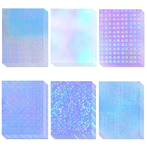 36 Sheets Holographic Sticker Paper, Clear Vinyl Lamination Sticker Film Self Adhesive, Transparent Overlay Laminate Sticker Paper Waterproof-Gem/Dots/Sand Star/Rainbow/Star/Heart, 8.5x11 Inch - Gem,Rainbow,Dots,Star,Heart,Sand Star