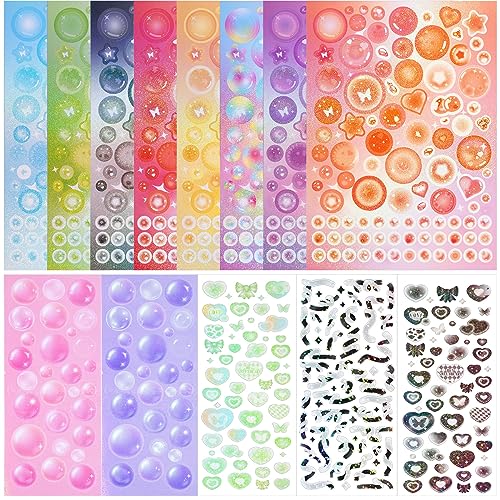 HINZIC 18 Sheets Deco Stickers Kpop Colorful Korean Stickers for Photocards Glitter Ribbon Bow Heart Bubble Star Scrapbook Stickers for Water Bottles Album Keyholder DIY Decor Card Making - 18 sheets