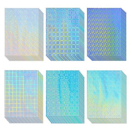 36 Sheets Holographic Sticker Paper, Clear Vinyl Laminate Film for Stickers Self-Adhesive, Transparent Overlay Lamination Sticker Paper Waterproof, 6 Patterns-8.5x11 Inch - Gear,Lattice,Flowers,Windmill,Line,Period