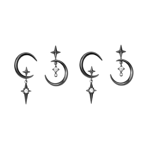 2 Pairs Moon Star Stud Earrings Punk Simple Cool Asymmetric Earrings with Rhinestone Boho Black Moon Earring for Women Girl Teens