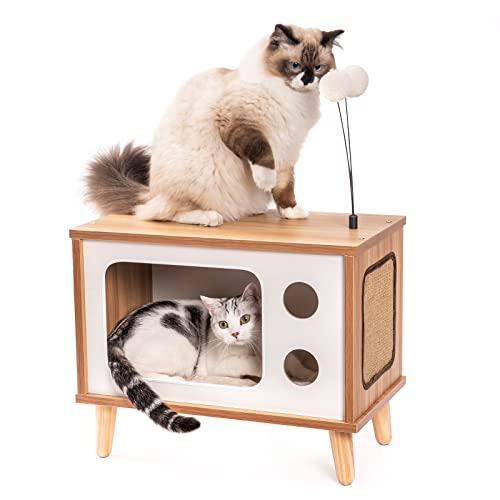 MewooFun Wooden Cat House Cat Bed for Indoor Cats TV-Shaped Cat Condo Sturdy Large Luxury Cat Cave with Cat Scratcher Bell Ball Toys