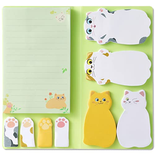 Hommie Cat Sticky Notes Set, Sticky Note Pads 300 Sheets, Cute Animal Sticky Notes Pads for Cat Lovers Kids Office School Creative Gifts - Green