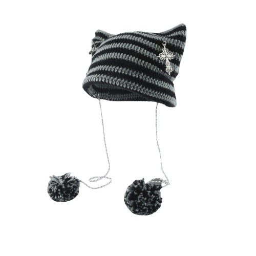 Crochet Hats for Women Vintage Beanies Women Fox Hat Grunge Goth Beanies Hat Y2K Accessories Slouchy Beanies for Women - Grey Black